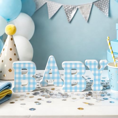 4 Pcs Blue Plaid Baby Shower Decorations Wooden 3D Baby Letters, 6 inch Blue Gingham Theme Wooden Blocks for Party Decor, Rustic Centerpiece for Gender Reveal Birthday Nursery Decor - Image 3