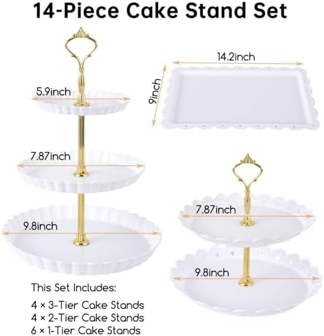 Garvee 14 Pcs Dessert Table Display Set, Thick Plastic Cupcake Stands, 4 x Three-Tier and 4 x Two-Tier Cupcake Stands, 6 x Appetizer Trays, Ideal for Tea Party, Wedding, Birthday, Baby Shower - Image 2