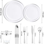 WELLIFE 210 Piece Silver Plastic Dinnerware Set for 30 Guests, Include: 30 Dinner Plates, 30 Dessert Plates, 30 Pre Rolled Napkins with Silverware and 30 Silver Cups - Image 2