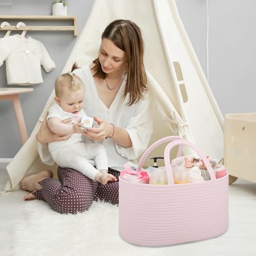 COMSE Small Woven Basket with Gift Bag and Ribbons, Gift Basket Empty, and Large Diaper Caddy Organizer for Girl Boy, Car Diaper Caddy with Handles - Image 7