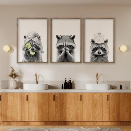 flowtorely Raccoon Bathroom Wall Decor Art 16x11 Inch Set of 3 Wood - Image 6