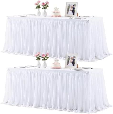 2 Pack 8ft White Table Cloths Rectangle Tulle Tablecloth Fitted White Tablecloths for 8 foot Rectangle Tables Stretch Spandex Table Cover for Parties Wedding Birthday Events Banquet Desk Table Skirt by HBBMAGIC