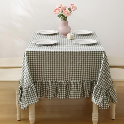 Sage Green White Gingham Ruffle Tablecloth Rectangular 120“x60” by KMASANIJI