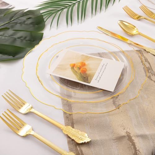 WDF 100pcs Clear Disposable Plastic Plates With Gold Trim - Baroque Clear Gold including 50PCS Dinner Plates 10.25inch and 50PCS Salad Plates 7.5inch for Wedding/Baby Shower/Birthday - Image 3
