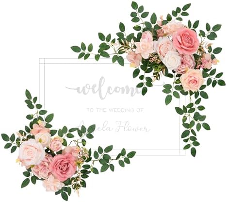 2pcs Dusty Pink Artificial Flower Swags Decor Wedding Welcome Sign Easel Board Rose Eucalyptus Garland for Outdoor Party Ceremony Backdrop Reception Entryway Table Decor Faux Floral by AngelaFlower