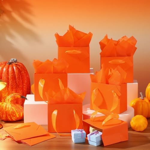 Qilery 50 Pcs Wedding Paper Gift Bags Bulk with Tissue Paper Small Gift Bags with Handle and Tags for Birthday Wedding 4th of July Party Business(Orange,4.7 x 2.4 x 3.9'') - Image 3