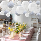WOLHOWLTD White Paper Decoration Set - 34 Pcs Paper Lanterns, Pompoms, Honeycomb for Wedding,Halloween,School Day,Bridal Baby Shower,Birthday Party Classroom,Home Decoration(White) - Image 3