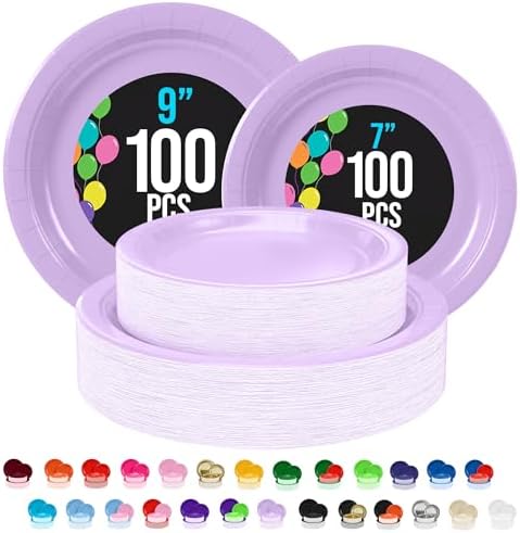 Party Solids Exquisite Lavender Paper Plates Disposable Heavy Duty 200 Pcs - 100-7" & 100-9" Lavender Disposable Plates For Party Heavy Duty 350 GSM For Birthday Supplies by PartySolids