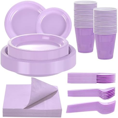 WELLIFE 210Pcs Purple Plastic Plates,Party Plates and Cups and Napkins Sets by WELLIFE