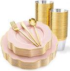 bUCLA 180PCS Pink Plastic Plates - Pink with Gold Rim Disposable for Party Include 30 Each (Dinner & Dessert) Plates, 30 Knives, 30 Forks, 30 Spoons, 30 Cups for Wedding, Birthday & Party by BUCLA