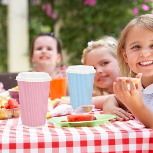 Whaline 100 Pcs Pastel Color Disposable Coffee Cups with Lids 16 Oz Yellow Pink Blue Green Paper Cup Corrugated Ripple Wall Insulated Hot Cups for Spring Summer Silly Goose Home Office Party Supplies - Image 6