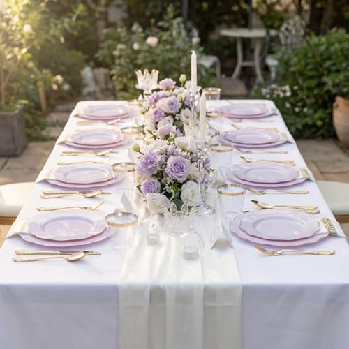 NOCCUR 175PCS Purple Plastic Plates with Gold Disposable Silverware - Include 50 Lavender and Gold Plastic Plates,25 Knives,25 Forks,25 Spoons,25 Cups and 25 Napkins - Wedding/Party/Spring - Image 7