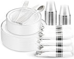 WDF Partyware 175PCS Sliver Plastic Plates - Silver Plates Disposable - White Plate with Silver Trim 25Guests Plastic Dinnerware Sets with Rolled Napkins for Wedding Baby Shower Spring Birthday by WDF