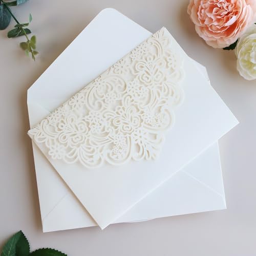 Hosmsua 50PCS Ivory Laser Cut Wedding Invitations, 5.12 x 7.2 Laser Cut Invitation Pockets with Envelopes for Wedding Bridal Shower Quinceanera Invitations (No Inner Sheet) - Image 6