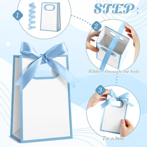 AmazingSpark 50 Pcs White Blue Mini Gift Bags Bulk 6.3 x 3.9 x 2.8 Inch Party Favors Elegant Small Gift Bags with Handles and Ribbon Bows for Wedding Birthday Bridal Baby Shower Party Favors - Image 5
