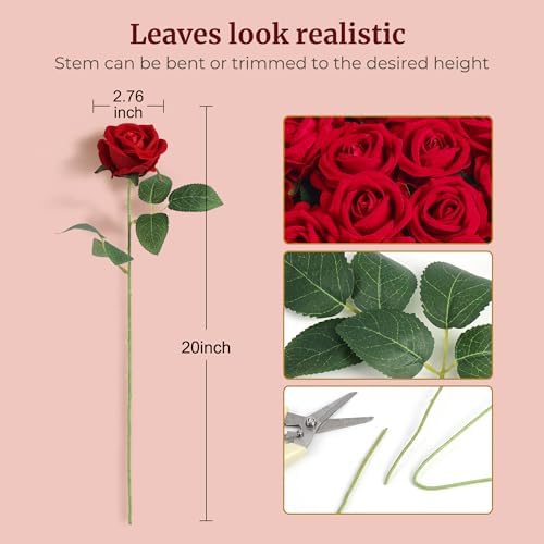 Auihiay 104pcs Red Roses Artificial Flowers, Realistic Faux Red Roses - Image 2