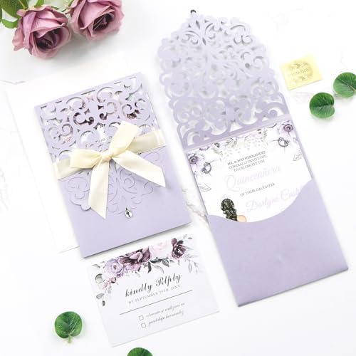 50PCS Blank Wedding Invitations with Envelopes and RSVP Cards Light Purple - Image 7