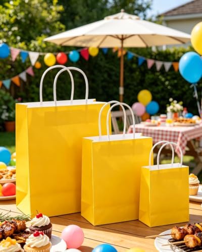 qiqee 100PCS Gift Bag with Handles Bulk Bright Yellow Paper Bags Assorted Sizes(33pcs Large 13",33pcs Medium 11",34pcs Small 8") - Image 5