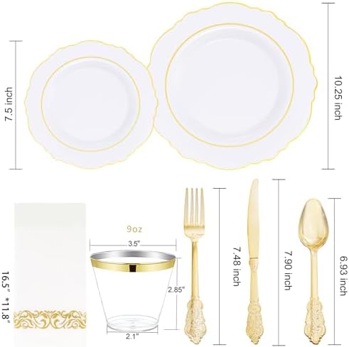 WDF Partyware 350 Pieces Gold Disposable Plates for 50 Guests, Plastic Plates for Party, Dinnerware Set of 50 Dinner Plates, 50 Salad Plate, 50 Spoons, 50 Forks, 50 Knives, 50 Cups for Wedding/Party - Image 3