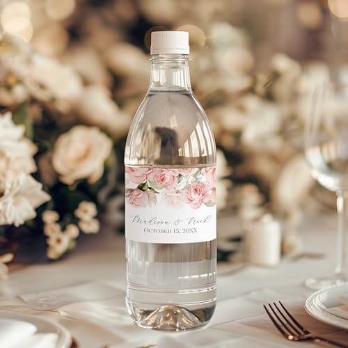 Personalized Water Bottle Labels with Choice of 30 Flower Styles - Choose Font and Pre-Made Phrases or Design Custom Text - LABELS ONLY (015 Pink Roses, 2 inch (8.5x2")) - Image 2