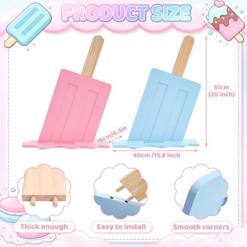 2 Pcs Wooden Ice Cream Sign Ice Cream Pop Party Decorations 20" Ice Lolly Centerpiece Table Sign Macaron Pink Blue Party Decor for Summer Baby Shower Gender Reveal Birthday Supplies - Image 2