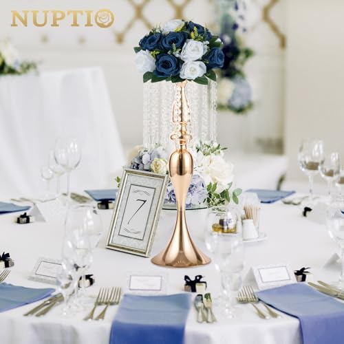 NUPTIO Artificial Flower Centrepieces for Tables - 10 Pcs Navy Blue & White Fake Flowers Roses Balls 9.5in Diameter - Silk Faux Rose Arrangement for Wedding Party Centerpiece Table Decorations - Image 2