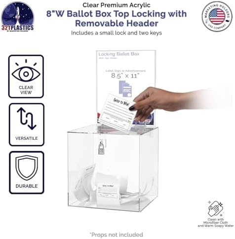 Marketing Holders Clear Donation Box with Lock 8 Inch Locking Ballot Box with Removable 8.5" x 11" Header Sign Holder Clear Acrylic Cube Suggestion Bin - Image 4