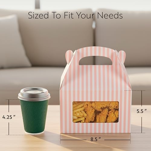 Restaurantware Gable Gift Boxes Pack of 100 Paper Treat Boxes 8.5 x 4.75 x 5.5 Inches With Window, Disposable Design Pink and White Containers for Weddings or Birthdays - Image 2