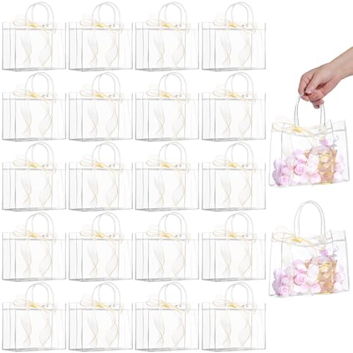 WDSHCR 80 PCS Clear Plastic Gift Bags with Handles, Party Favor Bags with Ribbons, Reusable Goodie Tote Bags for Wedding, Baby Shower, Birthday (Clear 7.8 x 6.3 x 2.8, 80 Pack) by WDSHCR