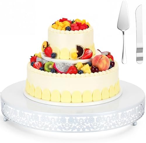 Wenqik 18 Inch White Cake Stand Set Metal Round Cupcake Dessert Stand with Cake Cutting, Flower Spatula Wedding Cupcake Pastry Display Candy Holder Display for Wedding Party Birthday Baby Shower by Wenqik
