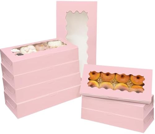 qiqee 50 Packs Pink Cookie Box with Window 12x5.5x2.5 Inch Two Uses Pastry Biscuit Bakery Box For Packaging by Qiqee