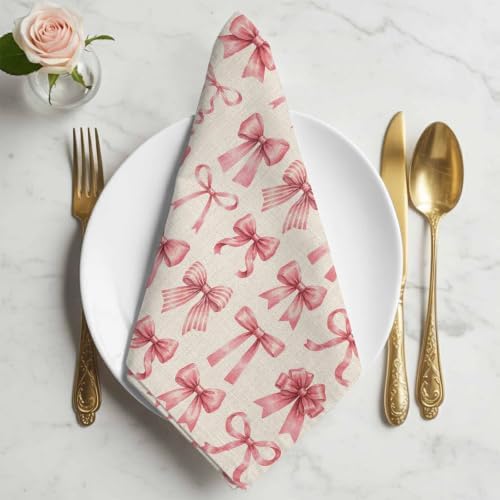 Pink Ribbon Bow Cloth Napkins Set of 6, Fantasy Sweet Bows Abstract Vintage Beige Washable Reusable Dinner Cocktail Napkin for Kitchen Party Wedding Banquet Holiday Baby Shower Table Decor - Image 2