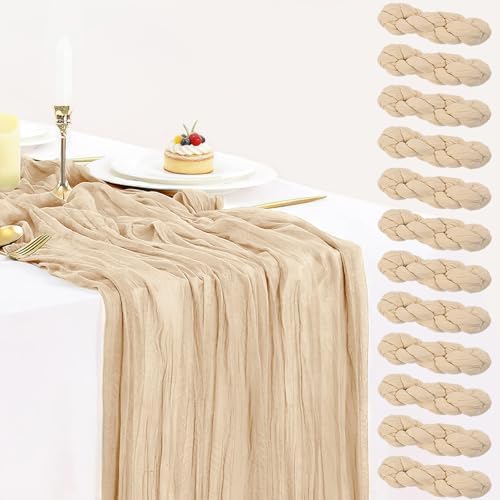 12 Pack Champagne Cheesecloth Table Runner 35x120 Inches, Summer Cheese Cloth Table Runner 10FT Boho Sheer Gauze Runner for Bridal Shower Wedding Baby Shower Party Decor by BlueTopCoLtd