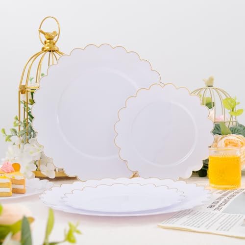LIYH 120 Pcs White Scalloped Plastic Plates, Gold Disposable Party Plates - Image 3