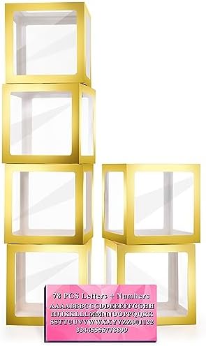 Baby Boxes with Letters, 6 Transparent Balloon Boxes with 78 Letters & Numbers, Clear Name Boxes for Baby Shower Birthday Bridal Wedding Gender Reveal Party Decorations Backdrop, Gold by Lovelite