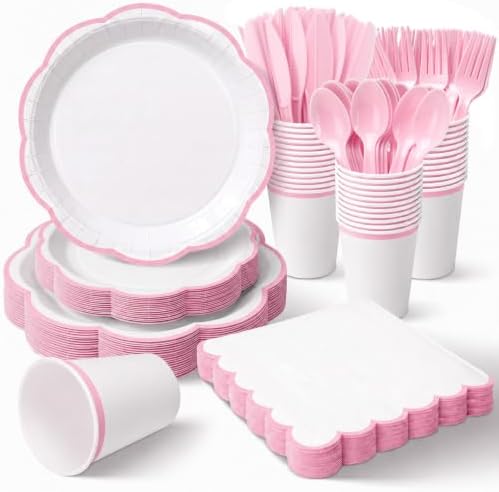 350 Pcs Pink Rim Paper Plates and Napkins Party Supplies by Unknown