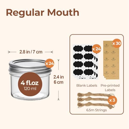 ComSaf 4 oz Mason Jars Bulk Set, 24 Pack Regular Mouth Jars with Lids - Image 2