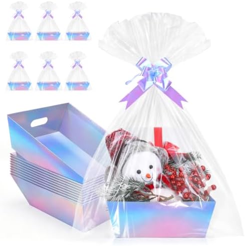 AFOROEOA 10 Pack Iridescent Baskets For Gifts Empty, 10x8 Thick Paper Basket with 10 Clear Bags and 10 Pull Bows, Holographic Bulk Empty Gift Baskets to Fill for Large Weddings Parties by AFOROEOA