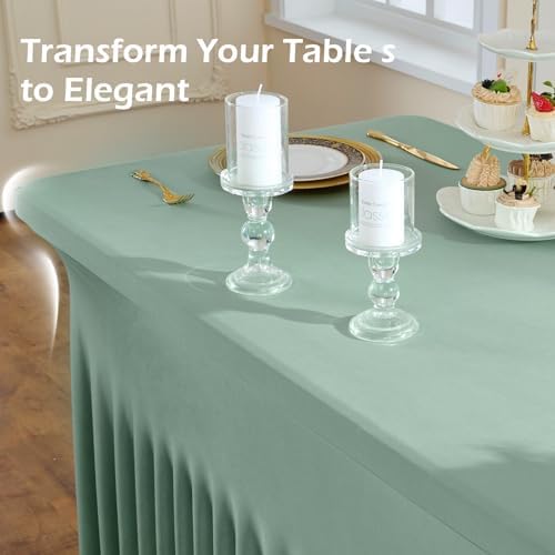 NSSONBEN 2 pk Sage Green Spandex Tablecloth for 6 Foot Rectangle Tables,Wrinkle Free Fitted Spandex Table Covers 6ft Stretch Table Cloths with Ruffle Skirt for Parties Weddings Banquet Baby Shower - Image 4