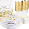 GATHER 176PCS White Gold Plastic Plates Disposable for Wedding Party by Gather