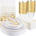 GATHER 176PCS White Gold Plastic Plates Disposable for Wedding Party by Gather