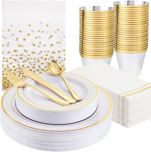 GATHER 176PCS White Gold Plastic Plates Disposable for Wedding Party by Gather