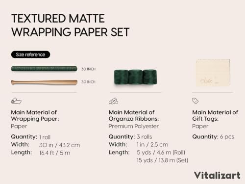 Vitalizart Green Textured Wrapping Paper Set 30" Organza Ribbon & Gift Tags - Image 2