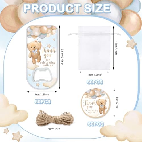 FYSUIMU 50Pcs Bear Baby Shower Bottle Openers with Thanks You Paper Tags Organza Bags Balloon Bear Magnetic Plastic Bottle Opener for Guest Birthday Gender Reveal Party Favors - Image 2