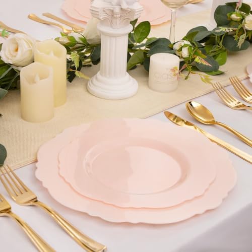 WDF 60pcs Pink Plastic Plates - Baroque Pink Disposable Plates Including 30 Dinner Plates 10.25inch, 30 Dessert Plates 7.5inch for Upscale Wedding/Baby Shower/Spring - Image 3