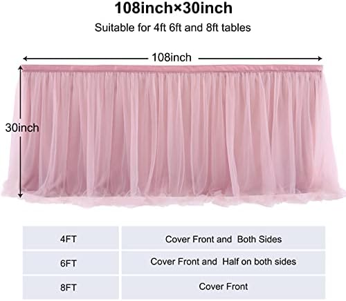 108in Dusty Rose Tulle Table Skirt for Rectangle Tables 6/4ft, 2-Layer Gold Grim Blush Pink Ruffle Tulle Tutu Cloth Table Skirt 9ft for Wedding Birthday Party Baby Shower Dessert(No Table Cover) - Image 6