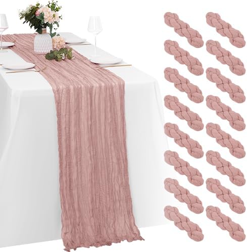 16 Pack Dusty Pink Cheesecloth Table Runners 20x120 Inch Gauze Table Runner Cheese Cloth 10FT Pink Table Runner Rustic Sheer Runner for Wedding Birthday Party Baby Shower Table Decor by Yorcari