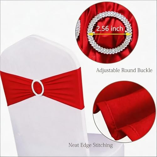 Pack of 50 Spandex Red Chair Sashes Bows Wedding Chair Bands Silver Buckles - Image 4