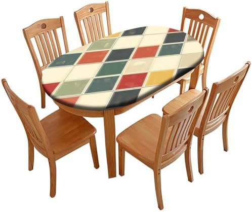 Vintage Checkered Pattern Print Oval Tablecloths Stain Resistant Oilproof Elastic for Mother's Day Father's Day Valentine's Day Fits for 52" x 70" Oval Table by ZNCTFMR