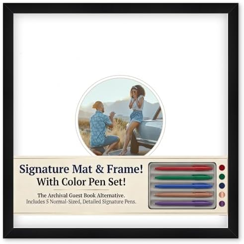 CountryArtHouse Signature Keepsake Frame - Circle Mat Window - Black Wood Genuine Hardwood 20x20 8x8 Photo - White Double Mat - Gel Pens Included for Guest Signing by CountryArtHouse